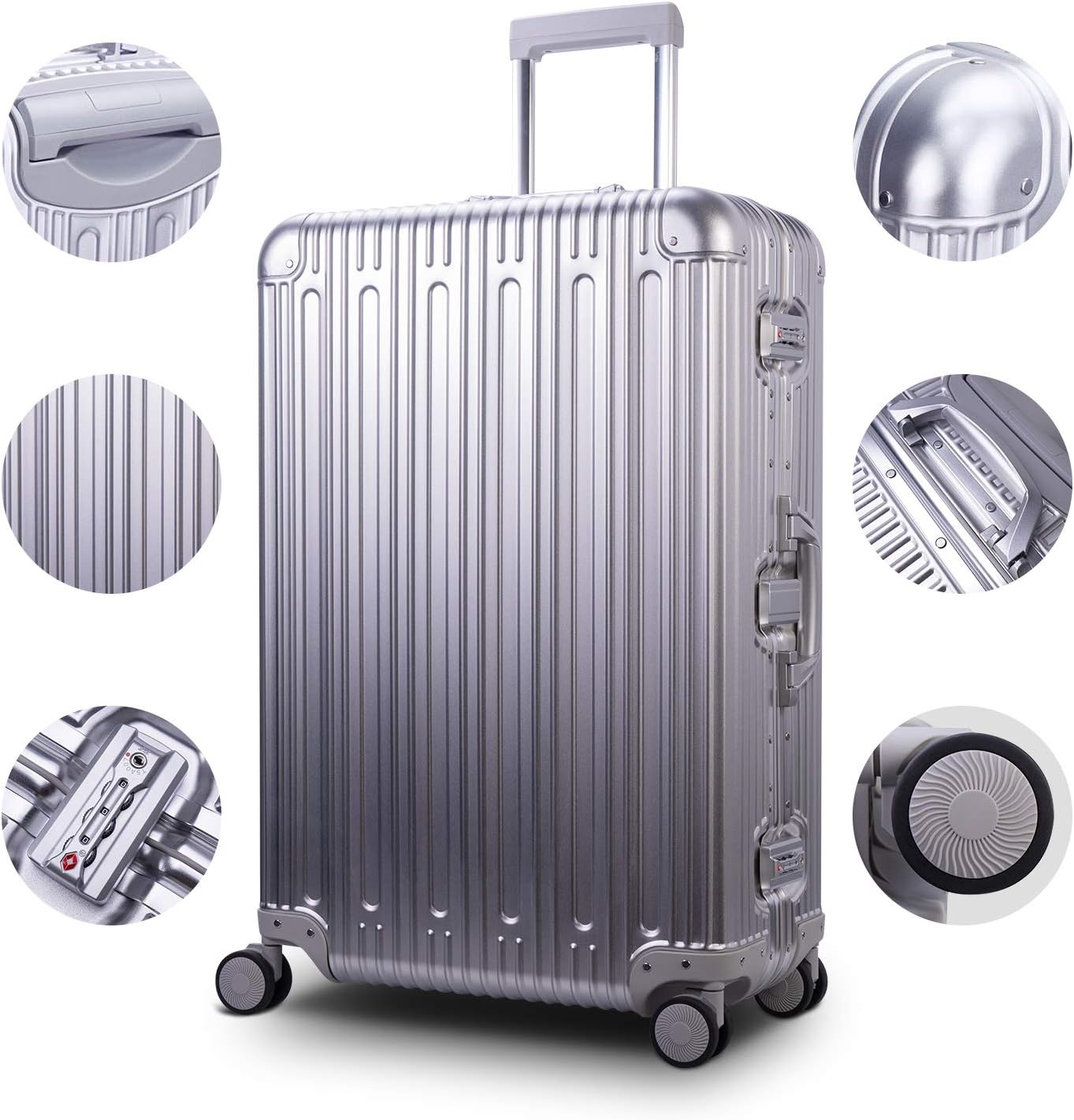 All Aluminum Luggage Zipperless Hard Shell Suitcase with Spinner Wheels Lightweight Metal Alloy Suitcases (Silver, 28 inch)