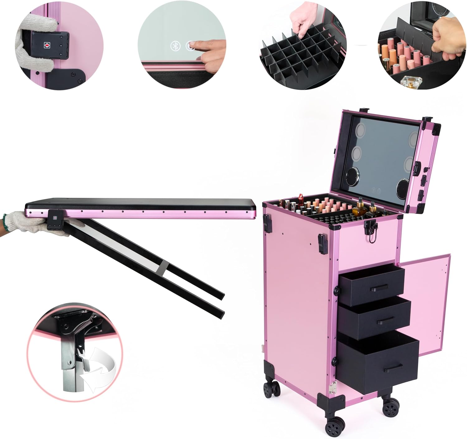 Rolling Manicure Table Foldable Nail Table, Makeup Train Case on Wheels, Travel Makeup Case for Technician Workstation Salon, Nail Makeup Organizer with LED Mirror 4 Drawers Lock