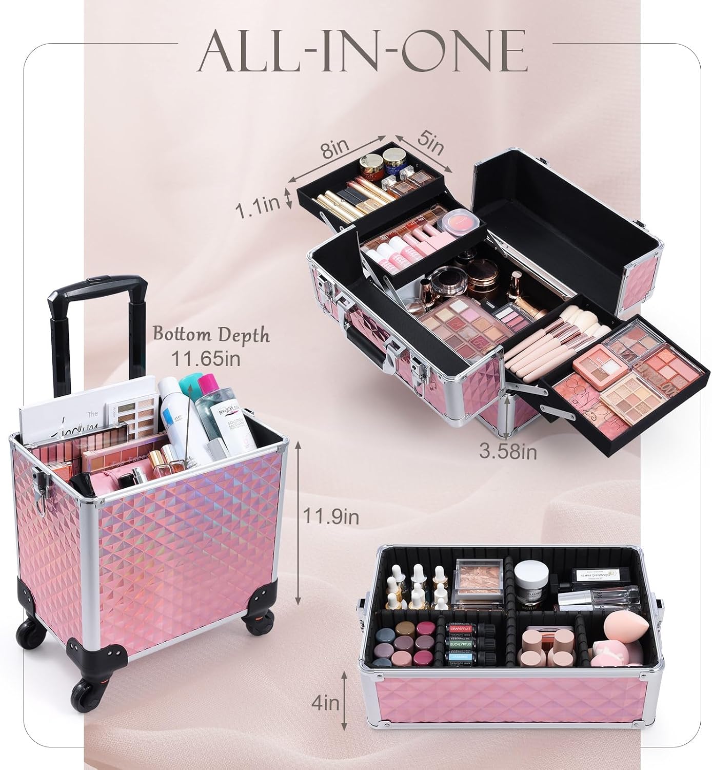 3 in 1 fessional Rolling Makeup Train Case Aluminum Trolley Case with 360° Rotation Wheels for Makuep Artist Cosmetic Suitcase Organizer with Lock and Key Diamond Pattern, Pink, Rolling