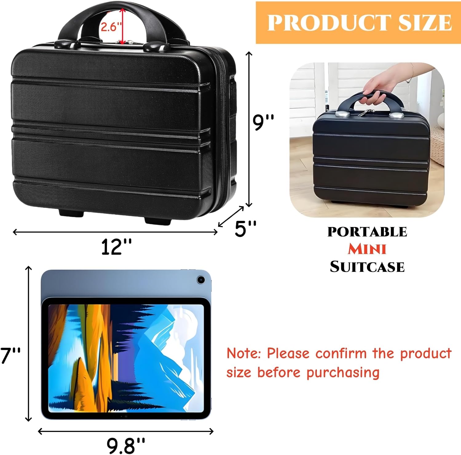 Hard Shell Cosmetic Travel Case, 12 Inch Portable Makeup Train Case with Elastic Band and Handle, Pressure-of Mini Carrying Suitcase Toiletry Box for Travel, Camping, Black, Black,