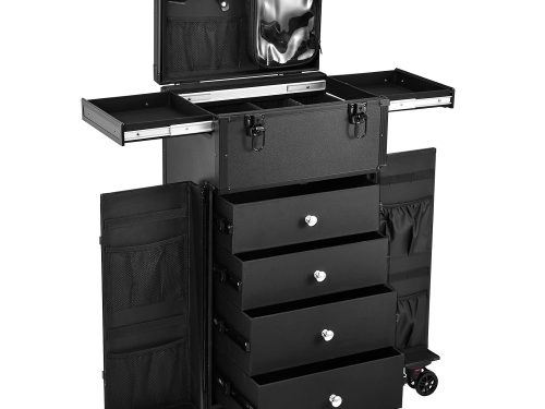 Professional Rolling Makeup Case 4 Drawers Pro Makeup Artist Cosmetic Train Case Hairstylist Travel Case Portable Make Up Station with Multiple Compartments Extra Large - Black