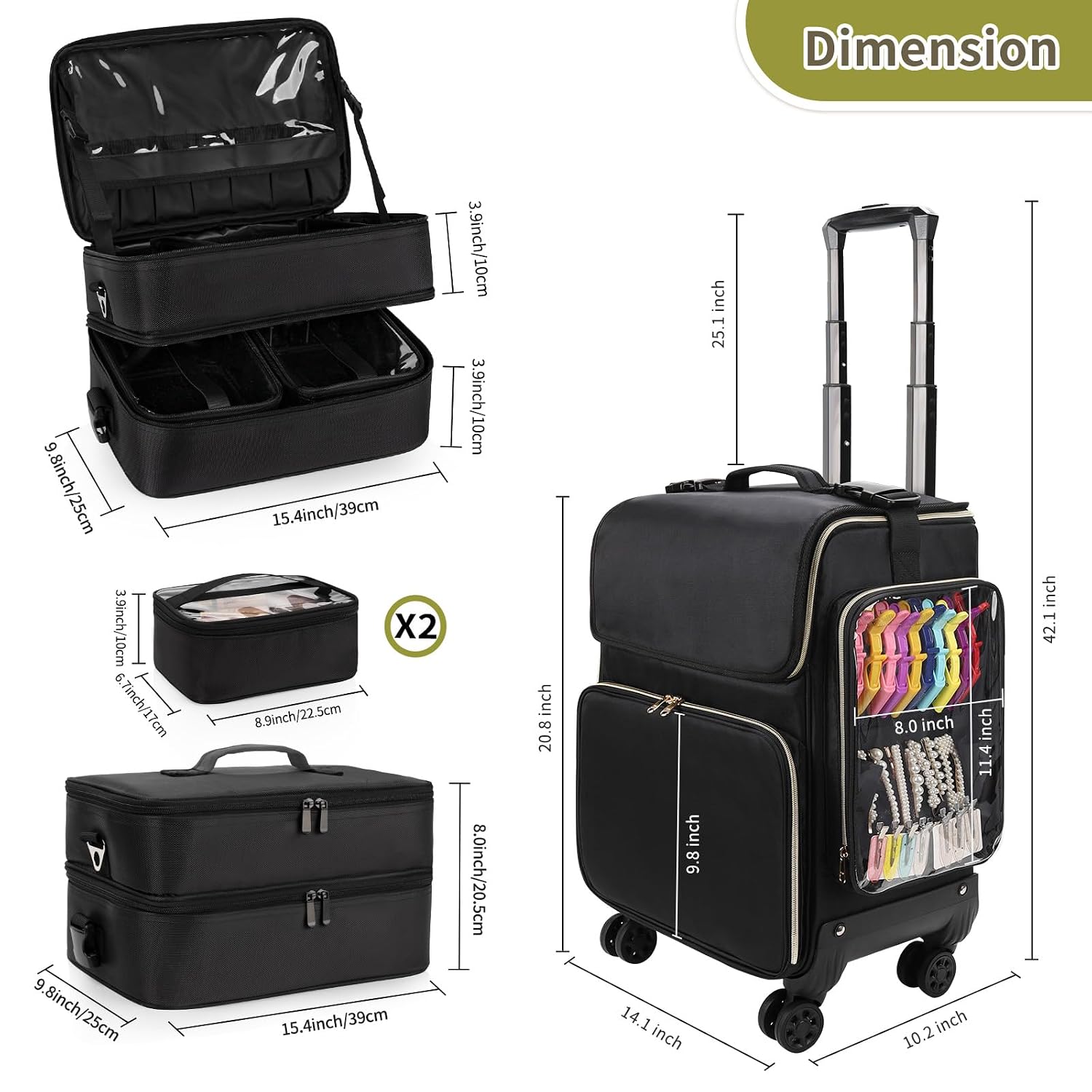 Hairstylist Traveling Case with a Large Makeup Travel Bag for Hairstylist, Hairdresser Bag with Detachable Pouch,360° Rotatable Wheelsfor Hairdressing Tool Organizer