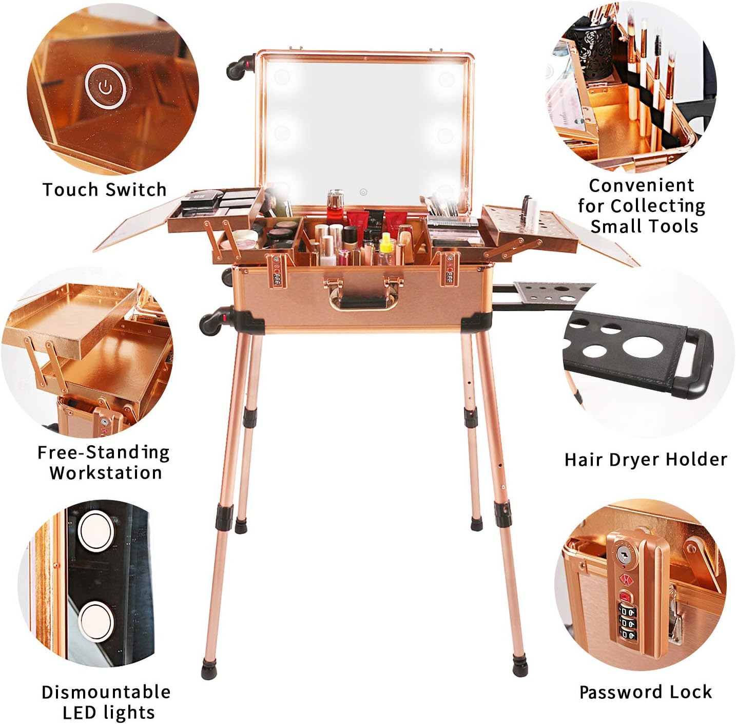 Large Makeup Train Case with Speaker & Code Lock & Full Screen Lighted Mirror & 3 Light Colors Lighted Rolling Cosmetic Organizer, Professional Artist Trolley Studio Free Standing