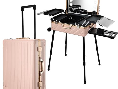 Rolling Makeup Case 24'' Makeup Vanity Station with Full Screen 8 LED Light Mirror Bluetooth Speaker Cosmetology Case on Wheels Make up Artist Free Standing Box Cosmetic Organizer Travel Pink