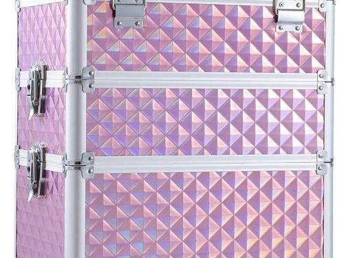 3 in 1 fessional Rolling Makeup Train Case Aluminum Trolley Case with 360° Rotation Wheels for Makuep Artist Cosmetic Suitcase Organizer with Lock and Key Diamond Pattern, Pink, Rolling