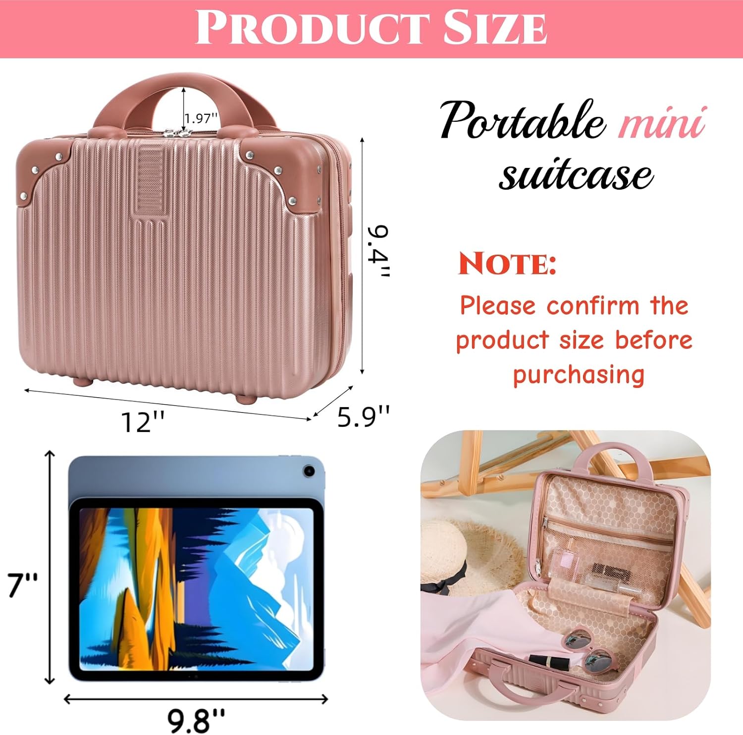 Hard Shell Cosmetic Travel Case, 12 Inch Portable Travel Hand Luggage with Elastic Band, Mini Carrying Makeup Case Suitcase Train Cosmetic Bag for Travel, Camping, Business Trip, Rose Gold,