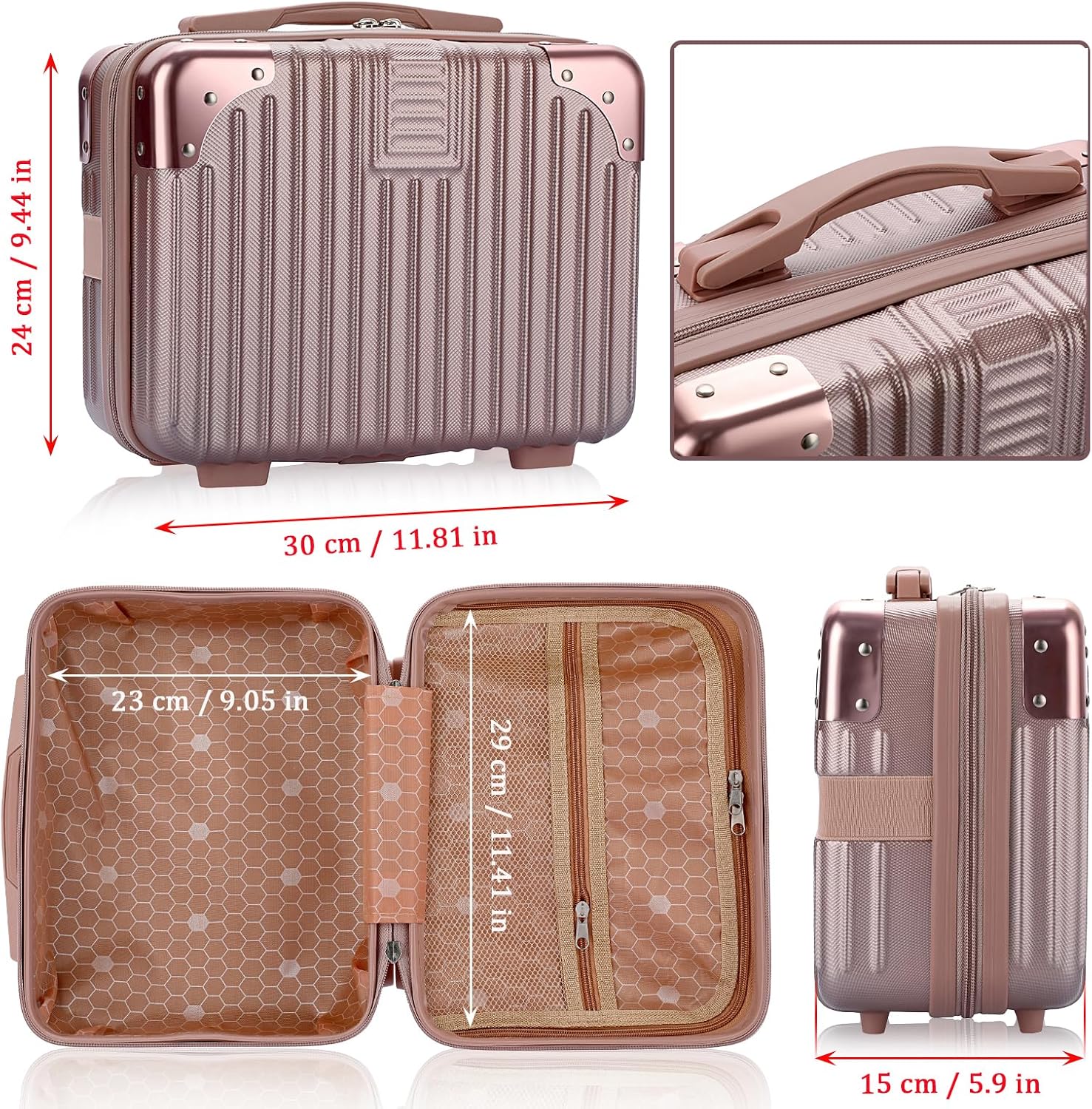 Portable Hard Shell Cosmetic Travel Case, Small Travel Hand Luggage with Elastic Band, Mini Carrying Makeup Case Suitcase, Rose Gold, Fashion