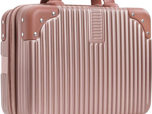 Hard Shell Cosmetic Travel Case, 12 Inch Portable Travel Hand Luggage with Elastic Band, Mini  Carrying Makeup Case Suitcase Train Cosmetic Bag for Travel, Camping, Business Trip, Rose Gold,