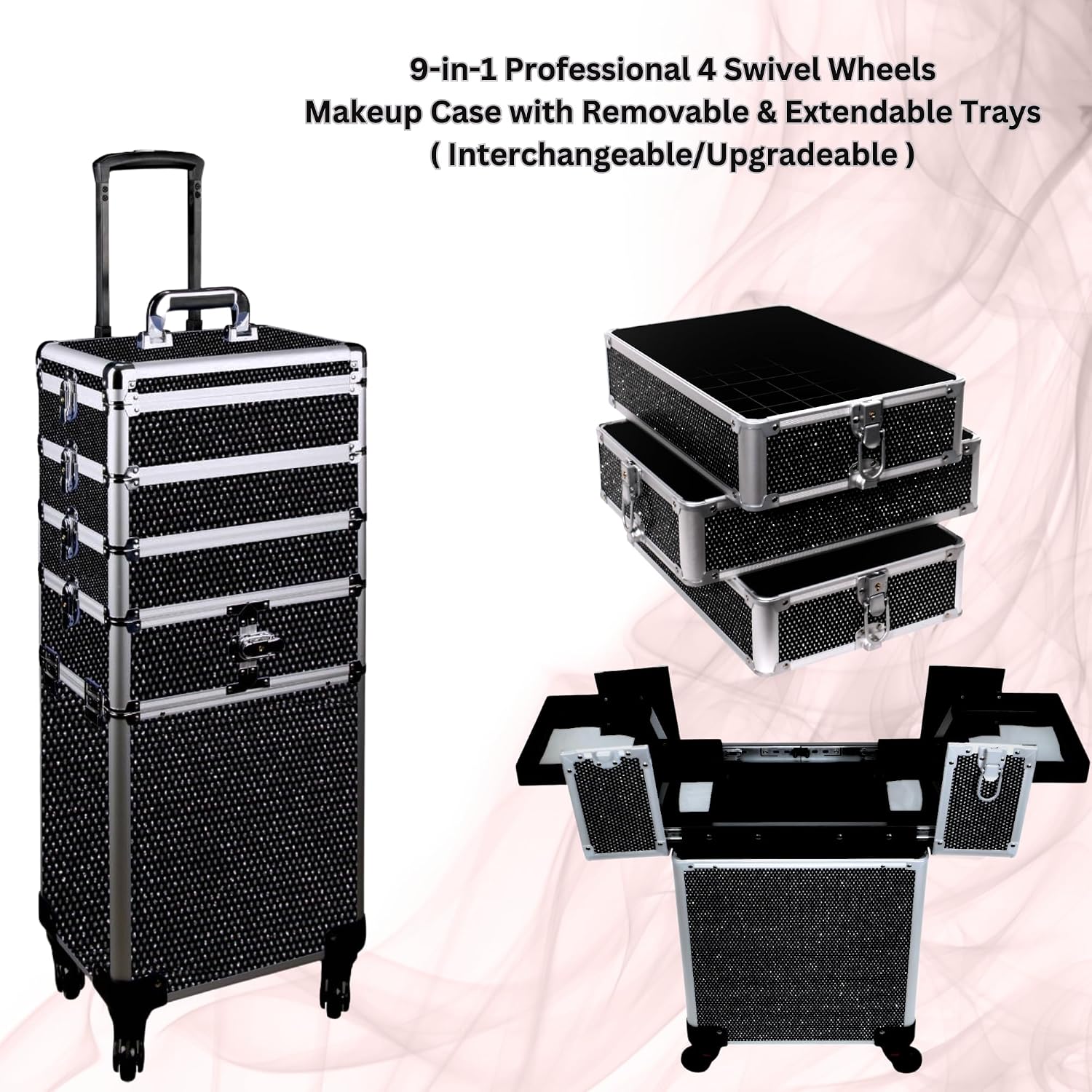 5 in 1 Professional Interchangeable 4 Swivel Rolling Makeup Nail Tech Hairstylist Train Case Trolley, Black , 40x18x13 Inch (Pack of 1)